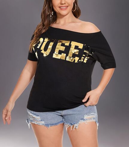 PESION Women Off The Shoulder Tops Sexy Shiny Metallic Shirts Short Sleeves Fashion Graphic T-Shirts Blouses in Kuwait