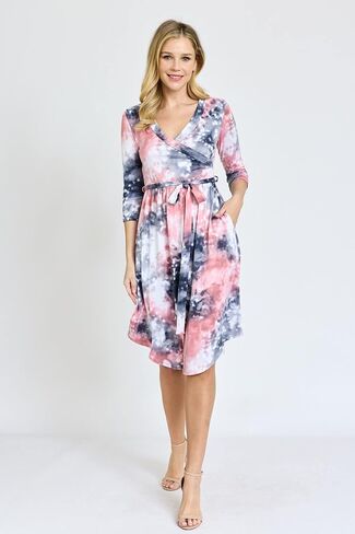 Eloges Women's 3/4 Sleeve Surplice Midi Dress with Sash in Kuwait