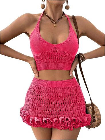 MakeMeChic Women's Crochet Cover Up Halter Crop Tops and Ruffle Skirt Swimwear Bathing Suit in Saudi Arabia
