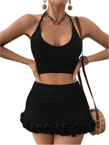 MakeMeChic Women's Crochet Cover Up Halter Crop Tops and Ruffle Skirt Swimwear Bathing Suit in Saudi Arabia
