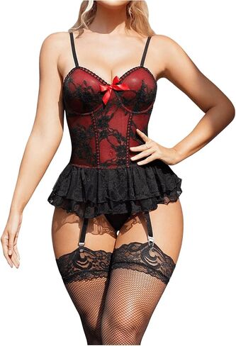Women's 4 Piece Floral Lace Babydoll Lingerie Set Sheer Mesh Bow Bustier Nightwear with Stockings in Saudi Arabia