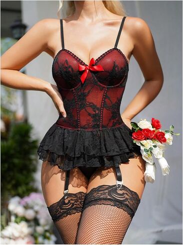 Women's 4 Piece Floral Lace Babydoll Lingerie Set Sheer Mesh Bow Bustier Nightwear with Stockings in Saudi Arabia