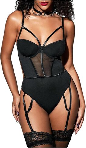 Milumia Women's 3 Piece Mesh Lingerie Set Cut Out Teddy Bodysuit with Garter Belt Stockings in Saudi Arabia