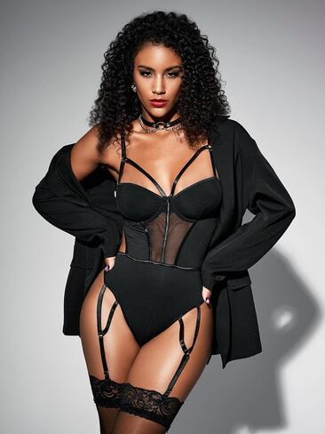 Milumia Women's 3 Piece Mesh Lingerie Set Cut Out Teddy Bodysuit with Garter Belt Stockings in Saudi Arabia