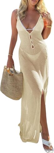 Saodimallsu Womens crochet بلا أكمام Maxi فستان مثير قطع عميق v الرقبة الشق بوهو التستر فوق فساتين الخزان الطويلة in Saudi Arabia