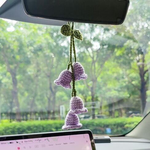 Handmade Crocheted Lily of The Valley Flower Car Pendant for Rear View Mirror, a Cute and Aesthetic Car Mirror Hanging Accessory for Women, Enhancing Interior Aesthetics, Purple in Saudi Arabia
