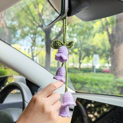 Handmade Crocheted Lily of The Valley Flower Car Pendant for Rear View Mirror, a Cute and Aesthetic Car Mirror Hanging Accessory for Women, Enhancing Interior Aesthetics, Purple in Saudi Arabia
