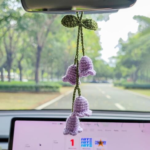 Handmade Crocheted Lily of The Valley Flower Car Pendant for Rear View Mirror, a Cute and Aesthetic Car Mirror Hanging Accessory for Women, Enhancing Interior Aesthetics, Purple in Saudi Arabia