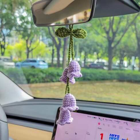 Handmade Crocheted Lily of The Valley Flower Car Pendant for Rear View Mirror, a Cute and Aesthetic Car Mirror Hanging Accessory for Women, Enhancing Interior Aesthetics, Purple in Saudi Arabia