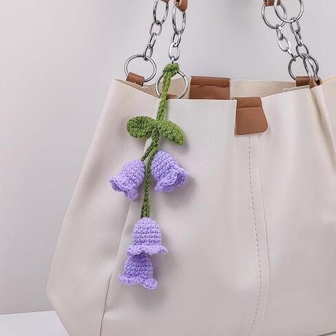 Handmade Crocheted Lily of The Valley Flower Car Pendant for Rear View Mirror, a Cute and Aesthetic Car Mirror Hanging Accessory for Women, Enhancing Interior Aesthetics, Purple in Saudi Arabia