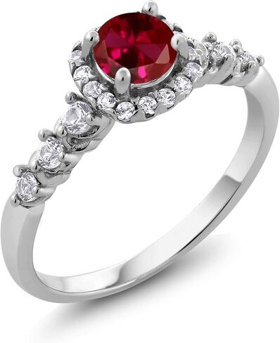 Gemstone Birthstone و White خلق خاتم هالة الياقوت للنساء في 925 الفضة الاسترليني | جولة 5mm مركز مع لهجات 2 مم و 1.2 ملم | رنين الوعد الذكرى السنوية الزواج | الأحجام 5-9 in Kuwait