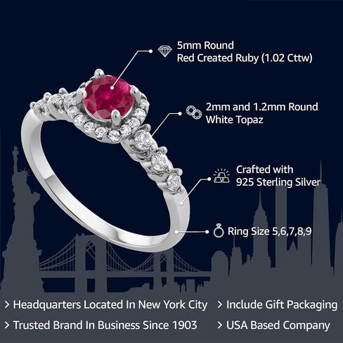 Gemstone Birthstone و White خلق خاتم هالة الياقوت للنساء في 925 الفضة الاسترليني | جولة 5mm مركز مع لهجات 2 مم و 1.2 ملم | رنين الوعد الذكرى السنوية الزواج | الأحجام 5-9 in Kuwait