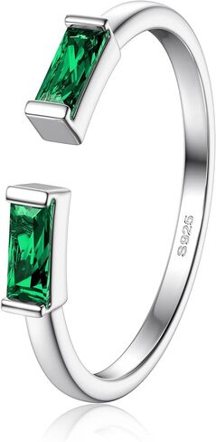 FIBO STEEL S925 Sterling Silver Birthstone Rings for Women Non Tarnish Dainty Stackable Rings Adjustable Emerald Green Gemstone Baguette CZ Wedding Engagement Promise Ring for Her Birthday Jewelry Gifts in Saudi Arabia