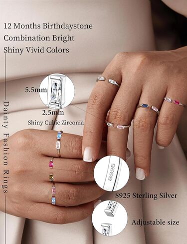 FIBO STEEL S925 Sterling Silver Birthstone Rings for Women Non Tarnish Dainty Stackable Rings Adjustable Emerald Green Gemstone Baguette CZ Wedding Engagement Promise Ring for Her Birthday Jewelry Gifts in Saudi Arabia