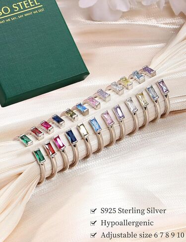 FIBO STEEL S925 Sterling Silver Birthstone Rings for Women Non Tarnish Dainty Stackable Rings Adjustable Emerald Green Gemstone Baguette CZ Wedding Engagement Promise Ring for Her Birthday Jewelry Gifts in Saudi Arabia