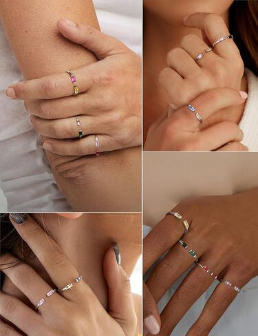 FIBO STEEL S925 Sterling Silver Birthstone Rings for Women Non Tarnish Dainty Stackable Rings Adjustable Emerald Green Gemstone Baguette CZ Wedding Engagement Promise Ring for Her Birthday Jewelry Gifts in Saudi Arabia