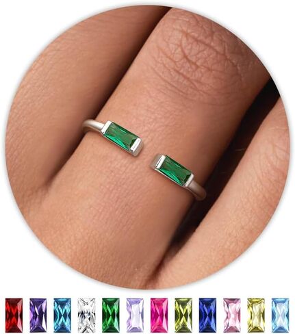 FIBO STEEL S925 Sterling Silver Birthstone Rings for Women Non Tarnish Dainty Stackable Rings Adjustable Emerald Green Gemstone Baguette CZ Wedding Engagement Promise Ring for Her Birthday Jewelry Gifts in Saudi Arabia