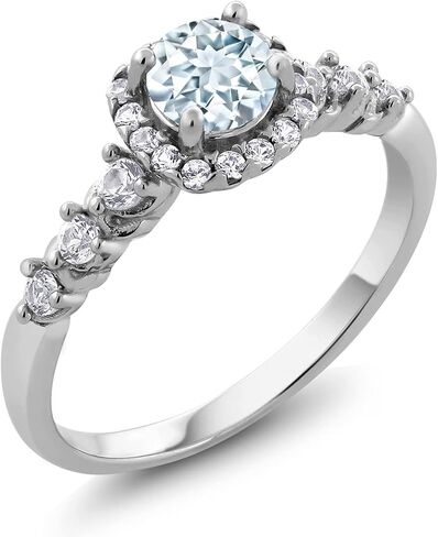 Gemstone Birthstone و White خلق خاتم هالة الياقوت للنساء في 925 الفضة الاسترليني | جولة 5mm مركز مع لهجات 2 مم و 1.2 ملم | رنين الوعد الذكرى السنوية الزواج | الأحجام 5-9 in Kuwait