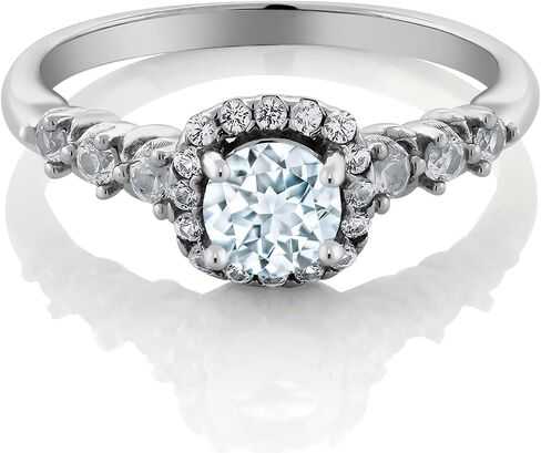 Gemstone Birthstone و White خلق خاتم هالة الياقوت للنساء في 925 الفضة الاسترليني | جولة 5mm مركز مع لهجات 2 مم و 1.2 ملم | رنين الوعد الذكرى السنوية الزواج | الأحجام 5-9 in Kuwait