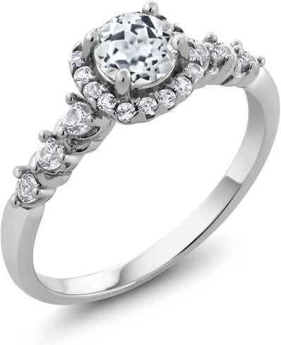 Gemstone Birthstone و White خلق خاتم هالة الياقوت للنساء في 925 الفضة الاسترليني | جولة 5mm مركز مع لهجات 2 مم و 1.2 ملم | رنين الوعد الذكرى السنوية الزواج | الأحجام 5-9 in Kuwait