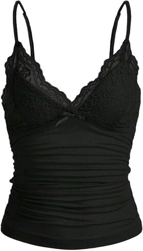 LOFAAC Women Sexy Y2K V Neck Lace Patchwork Cami Shirt Cute Slim Fit Sleeveless Spaghetti Strap Going Out Camisole Tank in Saudi Arabia
