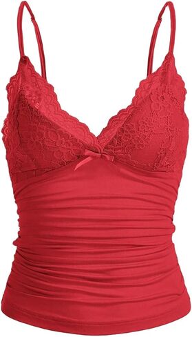 LOFAAC Women Sexy Y2K V Neck Lace Patchwork Cami Shirt Cute Slim Fit Sleeveless Spaghetti Strap Going Out Camisole Tank in Saudi Arabia