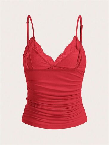 LOFAAC Women Sexy Y2K V Neck Lace Patchwork Cami Shirt Cute Slim Fit Sleeveless Spaghetti Strap Going Out Camisole Tank in Saudi Arabia