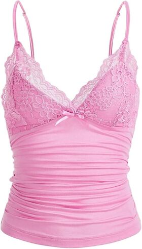 LOFAAC Women Sexy Y2K V Neck Lace Patchwork Cami Shirt Cute Slim Fit Sleeveless Spaghetti Strap Going Out Camisole Tank in Saudi Arabia