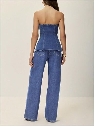 Milumia Women's Metal Button Front Denim Tube Top Elegant Sleeveless Bandeau Tops in Saudi Arabia