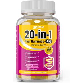 Fiber Supplement 20-in-1, Fiber Gummies for Adults, 50 Billion CFU Probiotic & Prebiotic Supplement with Inulin, Psyllium, Support for Gut & Digestive Health, 60-Count, Orange-71A