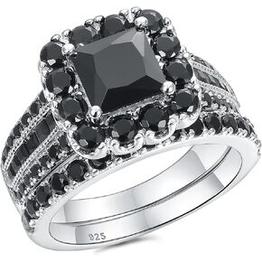 Newshe Jewellery Black Wedding Rings for Women AAAAA Cz Bridal Engagement Ring Set 925 Sterling Silver Princess Size 5-10