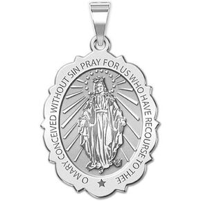 PicturesOnGold.com Miraculous Medal Scalloped Oval - 3/4 Inch X 1 Inch- Sterling Silver