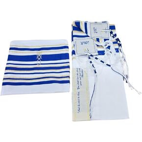 LION OF JUDAH MARKET Messianic Tallit Prayer Shawl 72" x 22" with Bag New, Blue with Gold Stripes