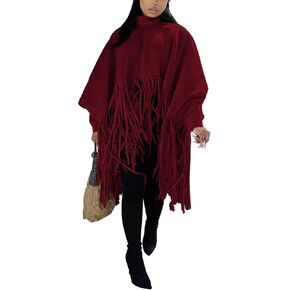 xxxiticat Women's Fringe Suede Poncho Long Sleeve High Neck Asymmetric Tassel Shawl Cape Cloak Oversized Pullover Jacket in Saudi Arabia