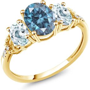 Gem Stone King 10K Yellow Gold 3-Stone Ring Oval Persian Blue Moissanite Aquamarine Sky Blue and Diamond | 2.42 Cttw | 3 Stone Wedding Engagement Anniversary Promise Ring For Women