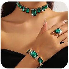Octwine Silver Green Red Rhinestones Bridal Necklace Earrings Set Wedding Rhinestone Necklace Dangle Earrings Rings Bracelet Sets for Brides Bridesmaid Crystal Prom Party Accessories for Women
