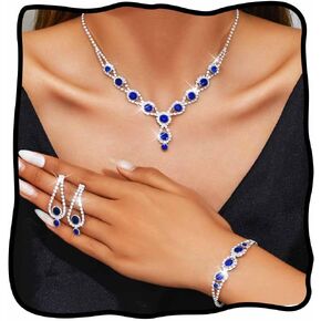 TWINKLEDE Royal Blue Rhinestone Necklace Jewerly Sets Sparkly Wedding Prom Necklaces Earrings and Bracelet for Women