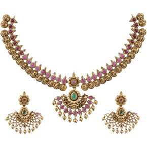 TARINIKA Antique Gold Plated Mudira Short Necklace Set with Floral motifs and Lakshmi coin pattern - Indian Jewelry Sets for Women | Perfect for Ethnic Occasions | Indian Necklace | 1 Year Warranty*