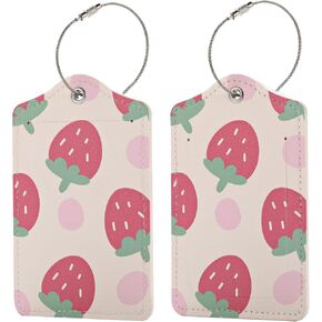 2 PCS Pink Strawberry Fruit PU Leather Cute Luggage Tag for Suitcase Identifiers Privacy Name Address Label Card Tags with Stainless Steel Loop Women Men Travel Luggage Accessories