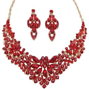 Women Jewelry Set Rhinestone Crystal Statement Necklace Bride Rib Choker Necklace Floral Beaded Collar Neklcace Cluster Dangle Earrings Set for Wedding Party