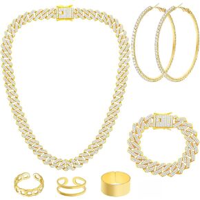 NEWITIN 7 Pieces Silver Jewelry Set for Women Dainty Cubic Zirconia Cuban Link Chain Necklace Bracelet Ring Sparkly Crystal Earrings Cuban Jewelry Set for Women Men