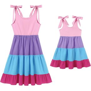 AWIBMK Mommy and Me Boho Dress Summer Casual Rainbow Sundress Sleeveless Tie Shoulder Ruffle A-Line Tiered Dresses in Saudi Arabia