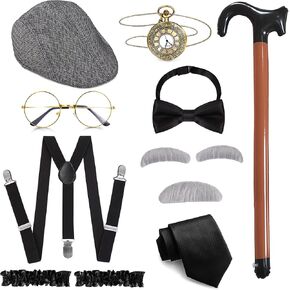 1920s Mens Costume Accessories Outfit Roaring 20s Costumes Gangster Roaring Accessories for Gatsby Party Old Man Costume Grandpa Cosplay Set