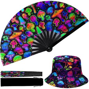 2 Pcs Large Rave Fan and Rave Bucket Hat Set Mushroom Reflective UV Glow Hand Fan Mushroom Hat for Women Men Outfits Disco Dance Party Favor for EDM Music Festival Club Accessories