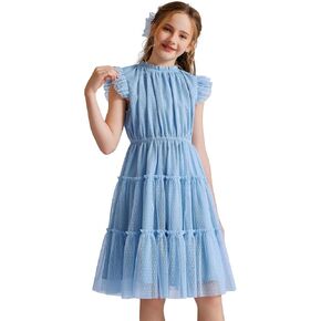 Quedoris Girls Tulle Dress الرقبة المرنة والخصر ثلاث طبقات كشكش الأكمام مستويات تنورة فستان غير رسمي