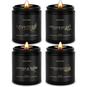 4 Pack Manly Scented Candles for Men Burn Time 200h Soy Candle Set for Home 7Oz Wood Wick Aromatherapy Candles for Relaxation Scented Leather Cedar/Lavender/Amber Sandalwood/Vanilla Candles