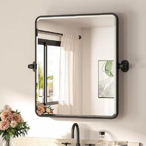 TETOTE Pivot Mirror for Bathroom 20 x 24 Black Pivoting Tilt Rectangle Beveled Mirror, Farmhouse Rounded Corner Metal Framed Bathroom Vanity Mirror for Wall, Horizontal/Vertical, Stable Halt-and-Hold