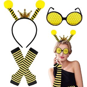 Bee Costume Kit Bee Antenna Headband Bee Sunglasses Stripe Bee Wear Fingerless Gloves for Women Halloween Bee Costume Kit Cosplay Party Favors