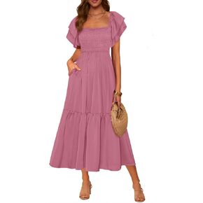 Mascomoda Womens Summer Summer Midi Dress Square Choleck Shulk Short Smoocked High High