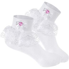2 Pack Girls Ruffle Lace Socks Novel Pink Heart Rhinestone Frilly Socks for Toddler Little Girls Dress